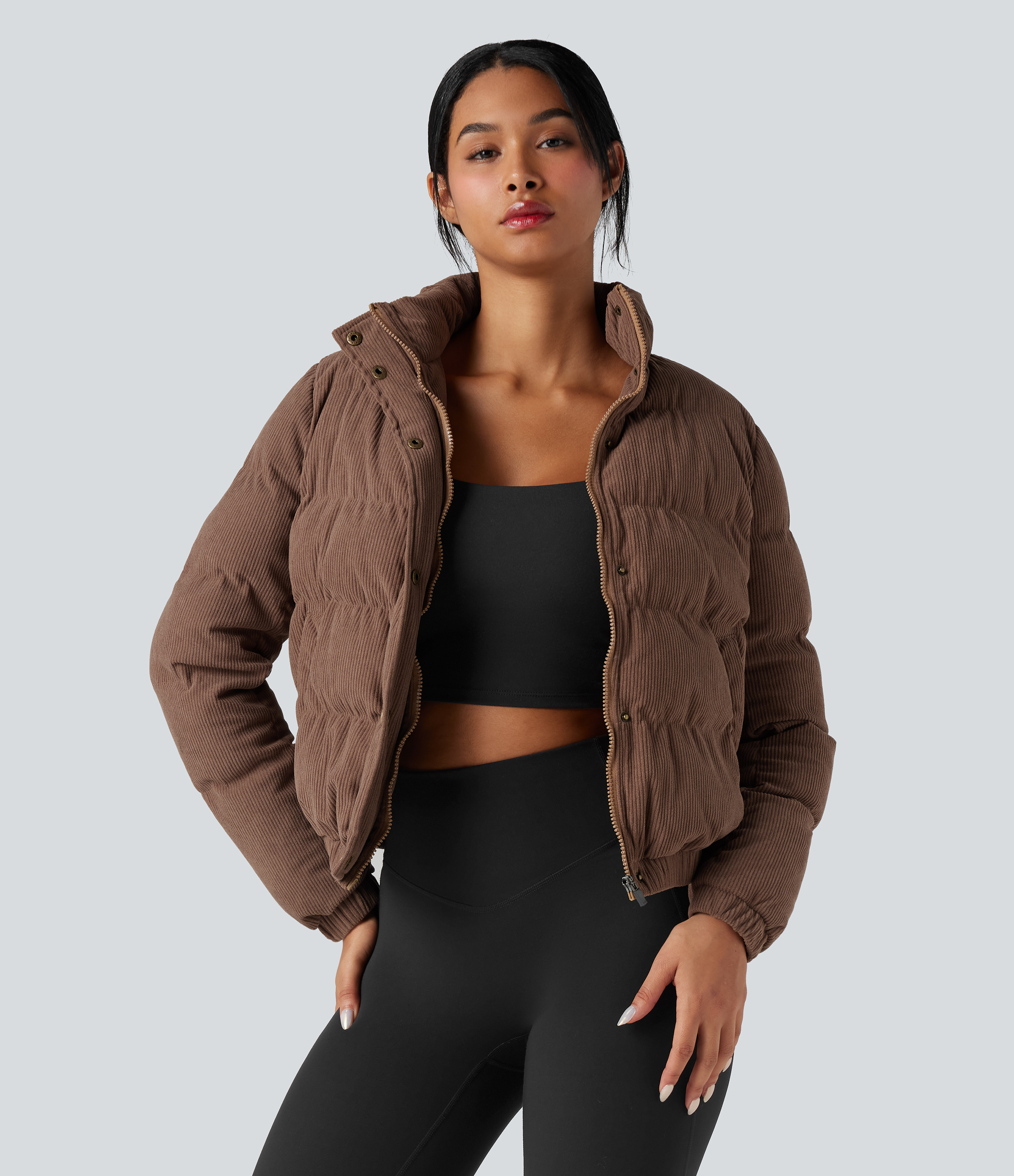 Stand Collar Corduroy Casual Padded Jacket with Pockets