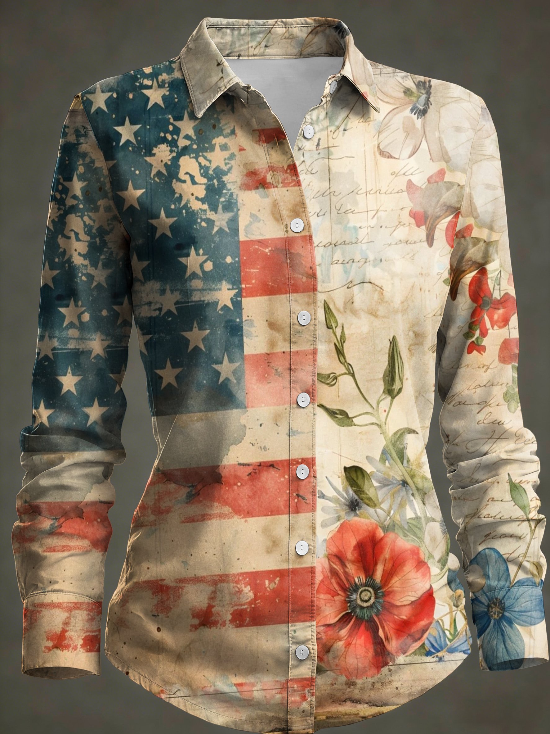 Women's 250th Anniversary National Flag And Floral Print Collared Shirt