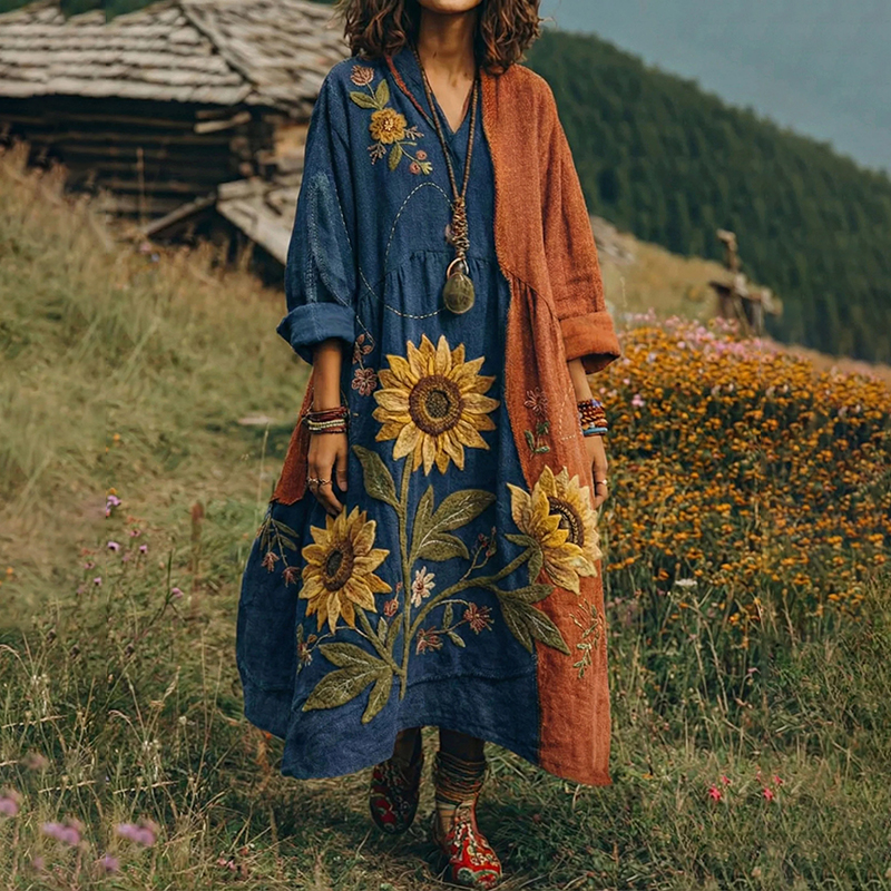 Women's Vintage Sunflower Floral Patchwork Flowy Linen Maxi Dress