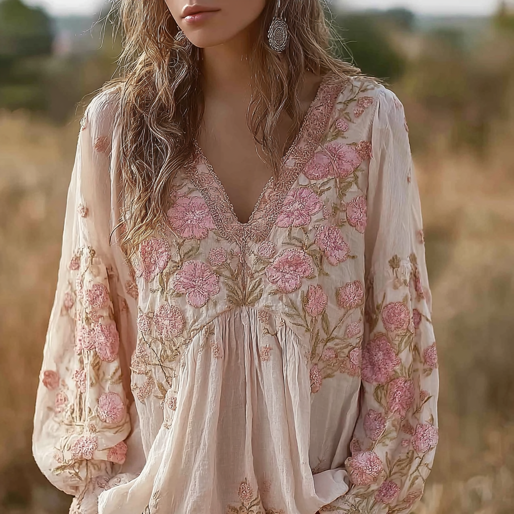 Bohemian Retro Countryside Style Plant Flower Design Cotton And Linen Women's Long-sleeve Shirt