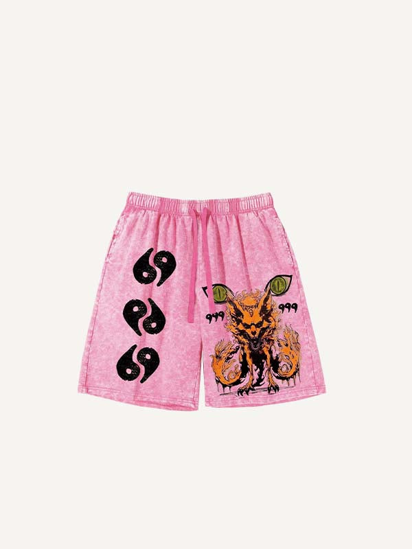 Distressed   Fox&Eye Print Drawstring Waist Shorts
