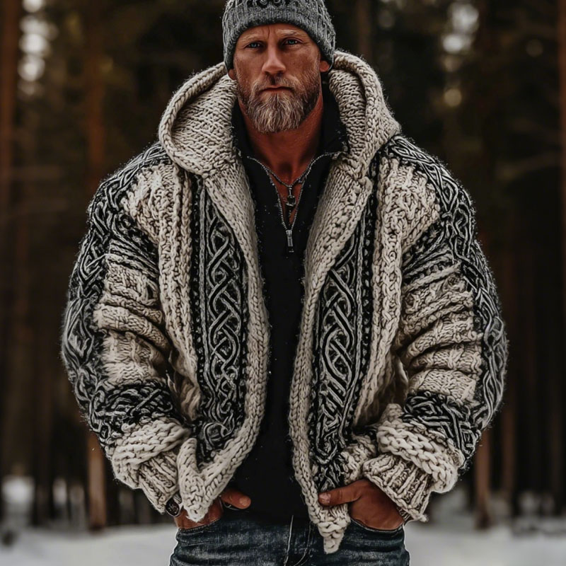 Men's Vintage Viking Celtic Knot Pattern Art Cozy Hooded Jacket