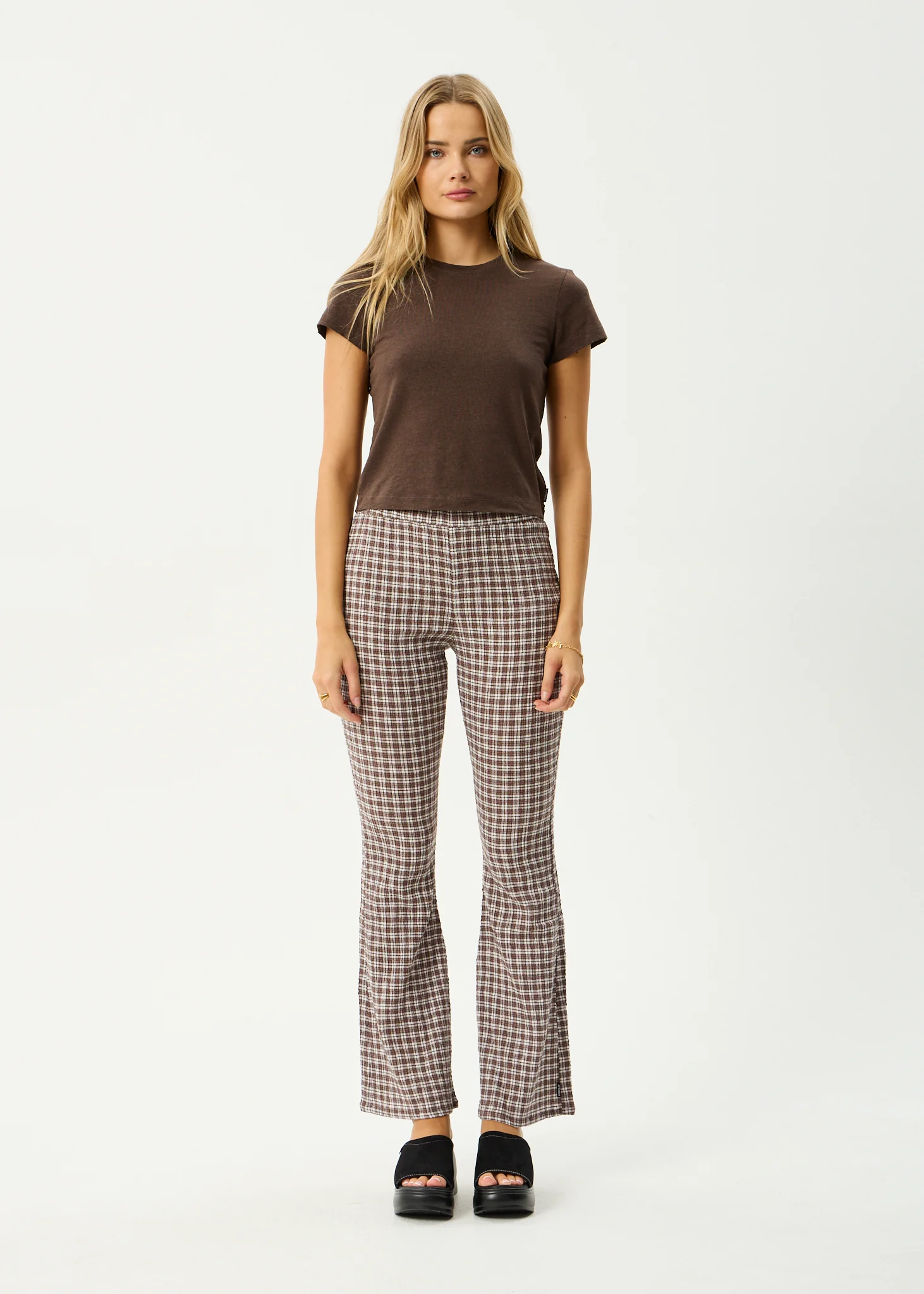 AFENDS Womens Base - Seersucker Flare Pant - Coffee Check