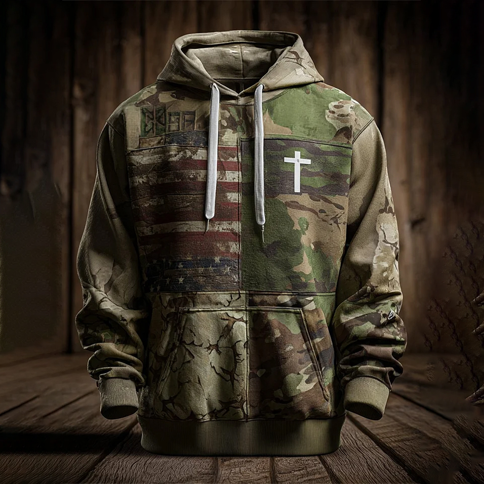 Men's Vintage Casual American Flag Cross Faith Hoodie
