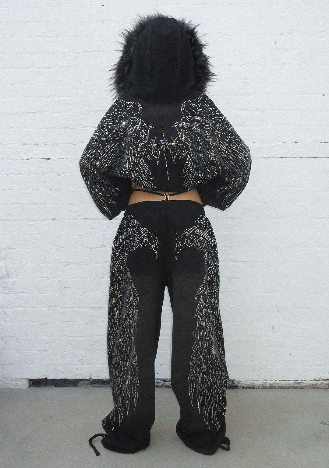 FAUX FUR RHINESTONE SET Black