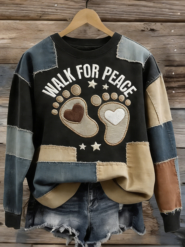 Women's Walk For Peace Art Patchwork Print Crew Neck Sweatshirt