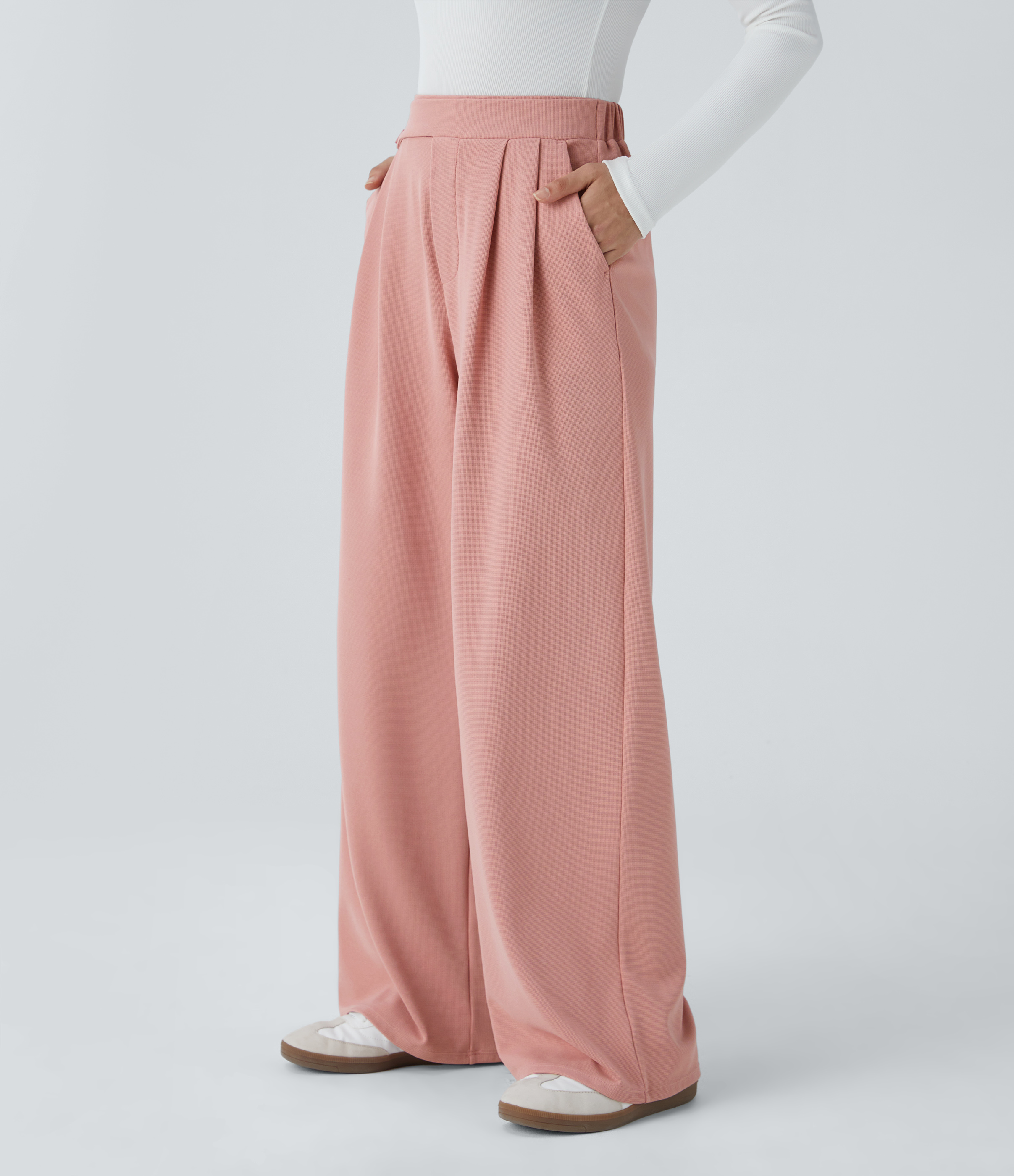 High Waisted Pocket Wide Leg Waffle Casual Pants