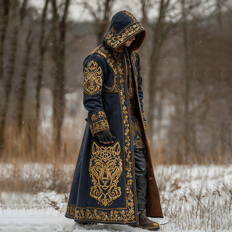 Men's Viking Celtic Knot With Wolf Pattern Hooded Kaftan Cloak Jacket