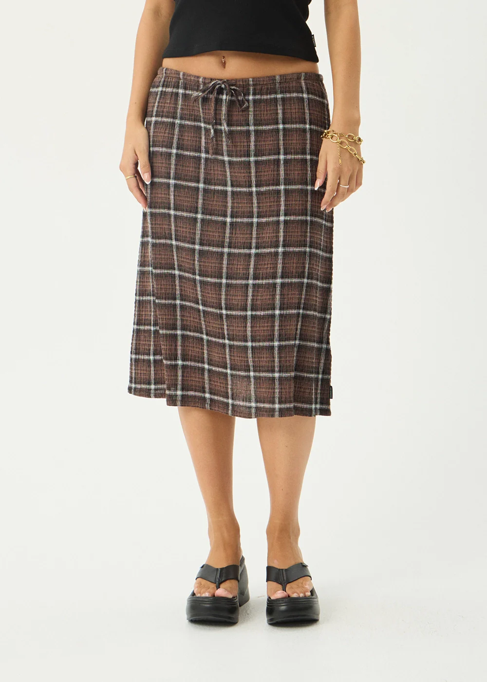 AFENDS Womens Reverie - Seersucker Midi Skirt - Coffee Check