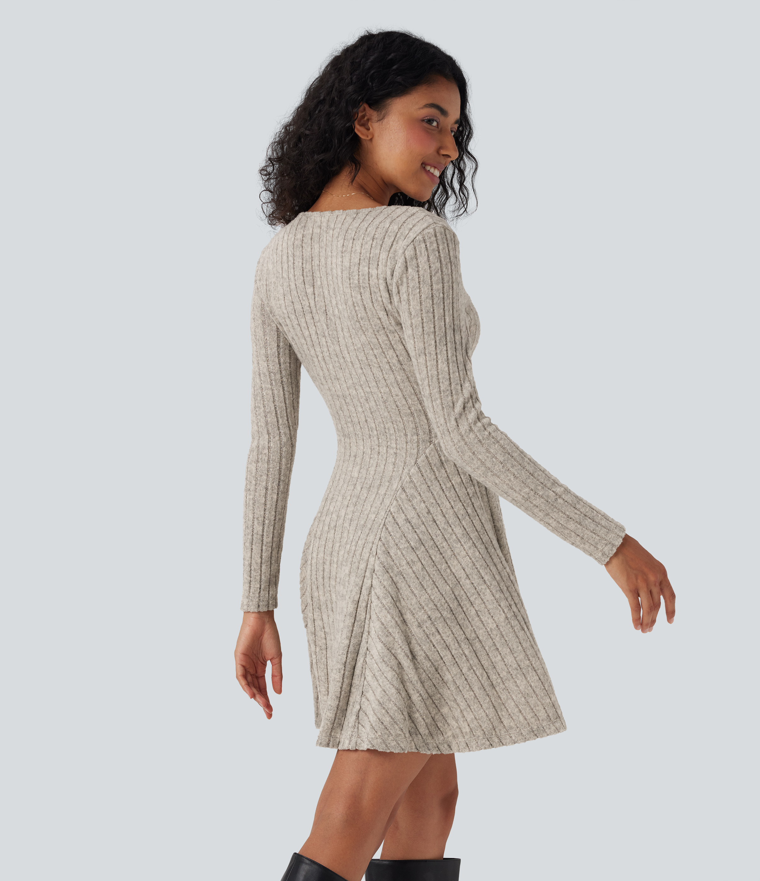 Ribbed Knit V Neck Long Sleeve Flare Mini Casual Dress