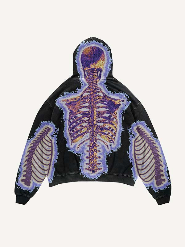 Glow Skeleton Print Slant Pockets Hoodie