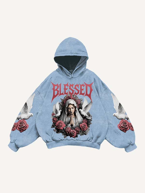 Mary&Pray&Floral&Letter Print Slant Pockets Hoodie