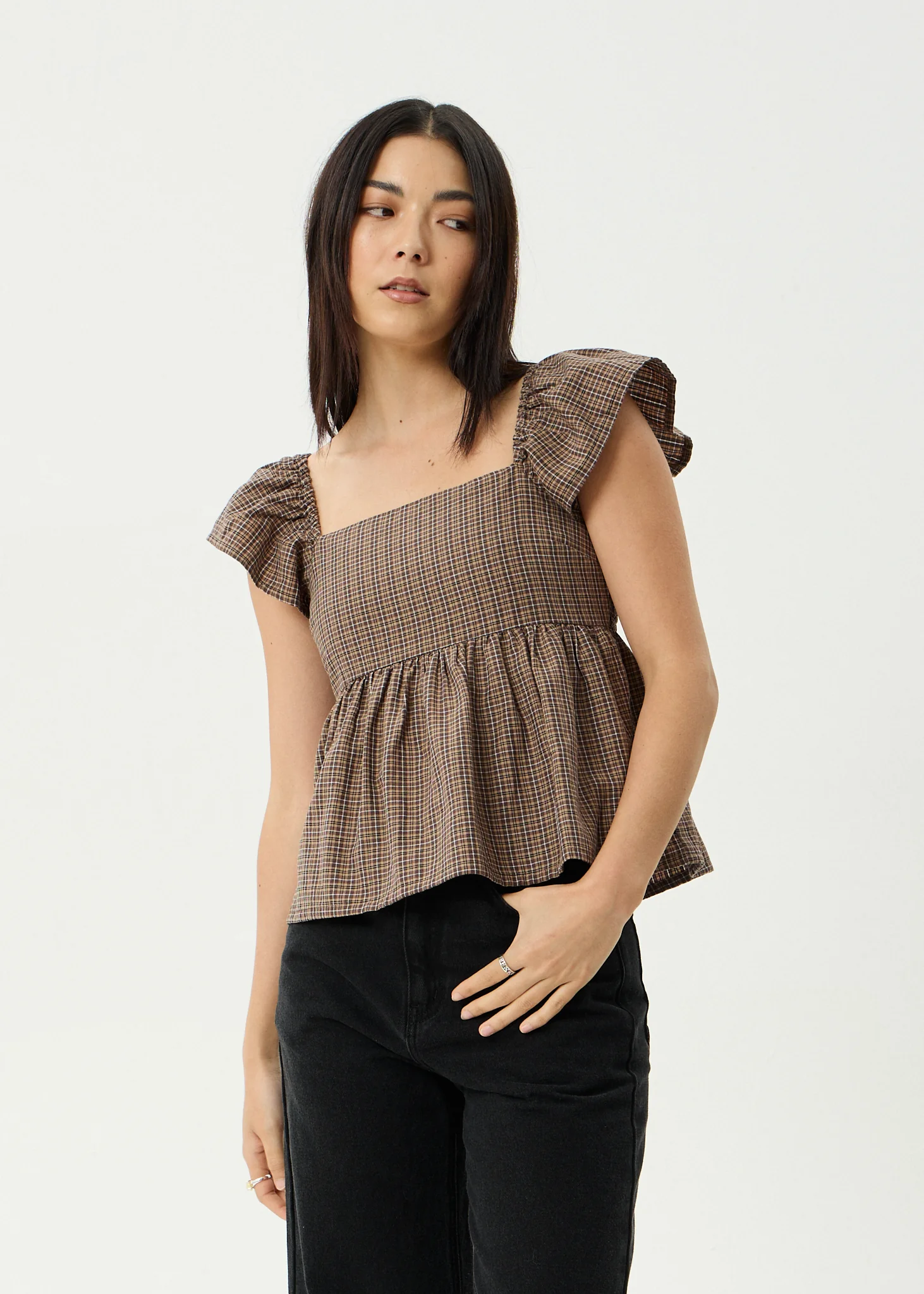 AFENDS Womens Hometown - Check Top - Coffee