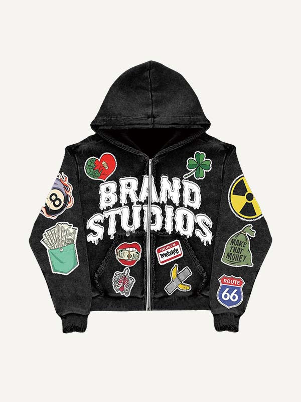 Heart&Skeleton&Graphic&Letter Faux Decal Print Zip Up Hooded Coat