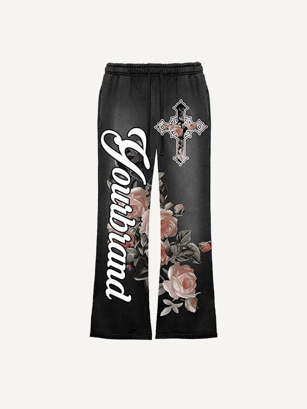 Cross&Floral&Letter Print Elastic Waist Pants