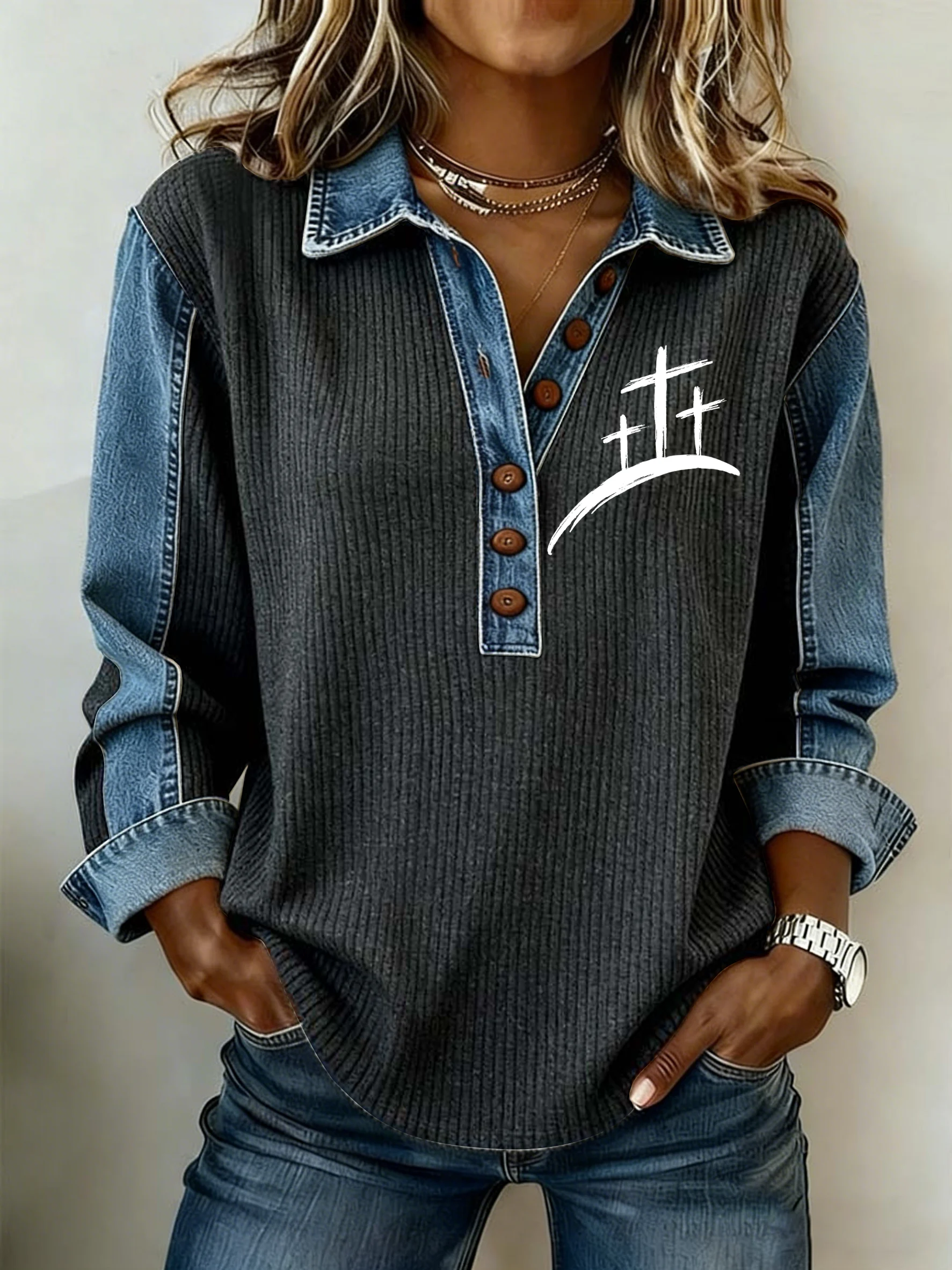 Women's Faith Printed Collar Button-Down Knit Top-Fast Shipping