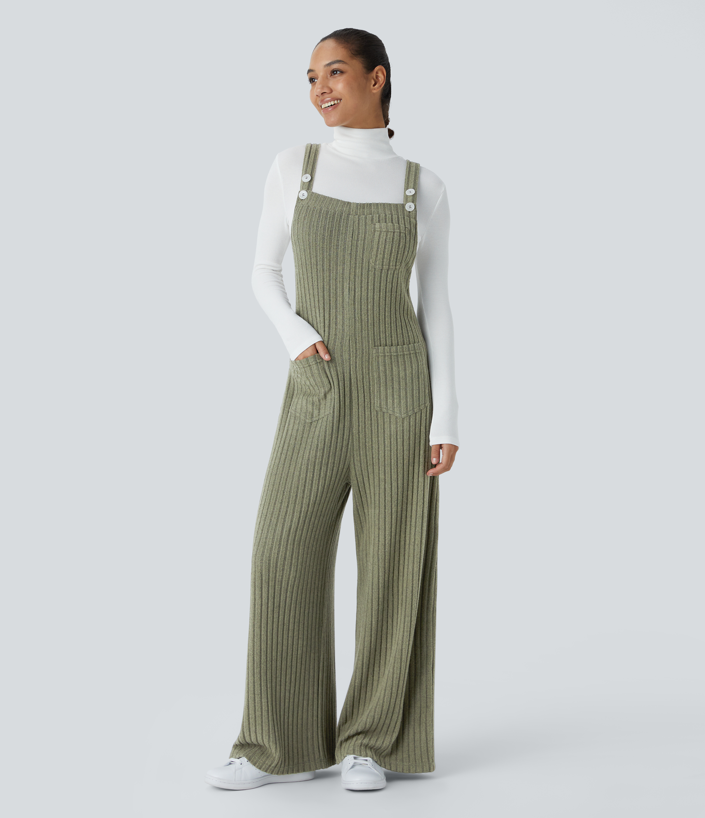 Ribbed Knit Pockets Casual Overalls