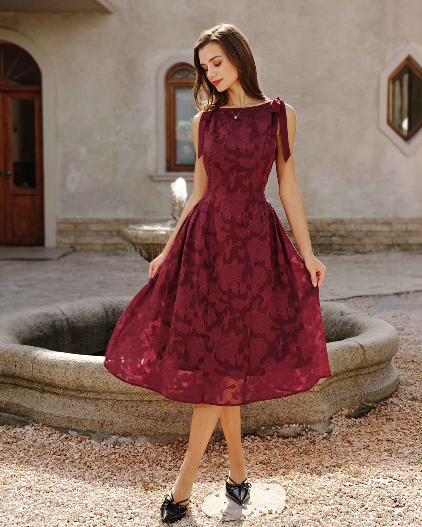 Red Jacquard Chiffon Midi Dress