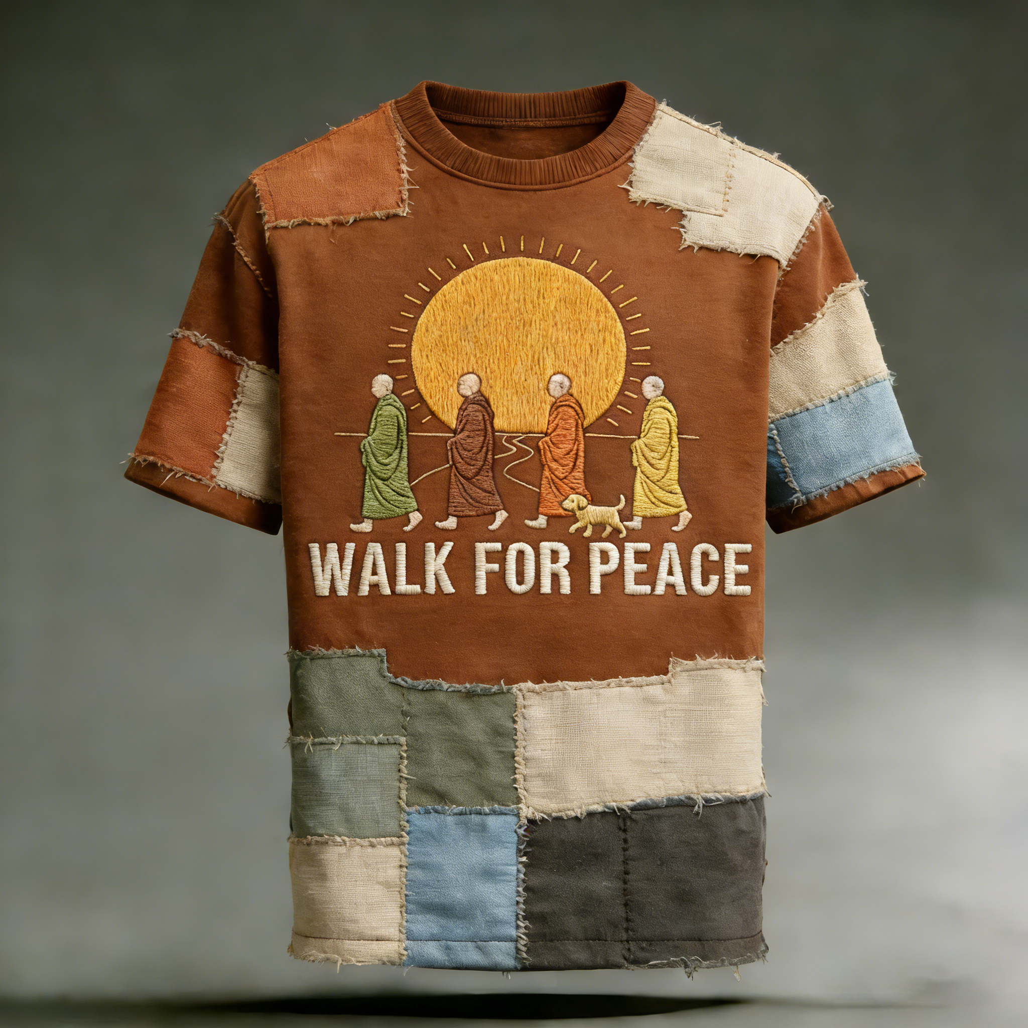 Walk For Peace Artistic Patchwork Art Washed T-shirt