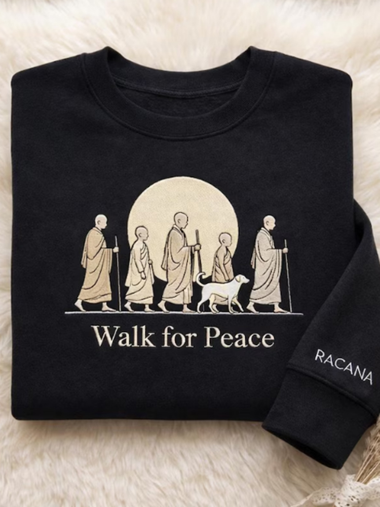 Retro Peace Monk Alokadog Print Crew Neck Sweatshirt