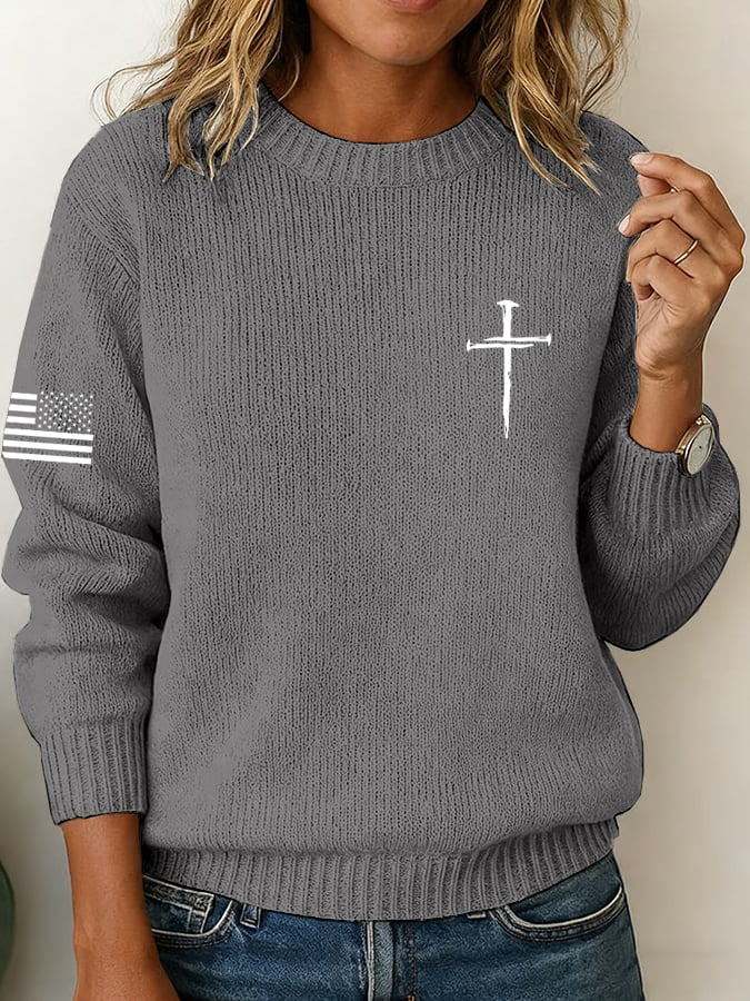 Women's Vintage Faith Cross Print Knit Crew Neck Long Sleeve Top