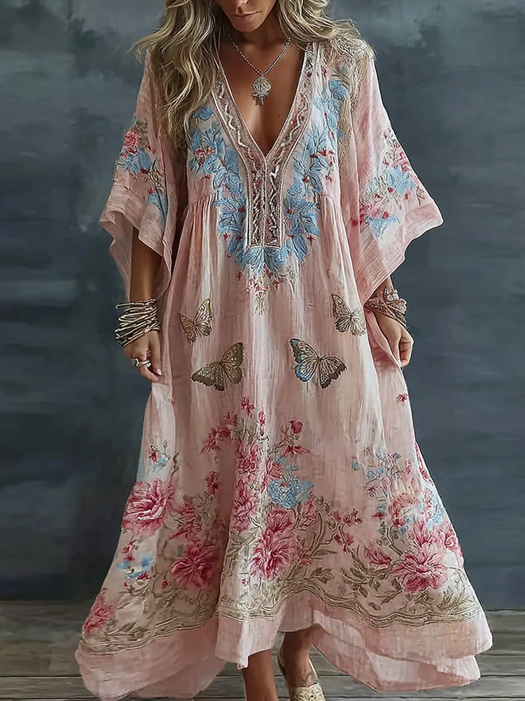 Women's Vintage Floral And Butterfly Art Print Flowy Linen Blend Casual Maxi Dress