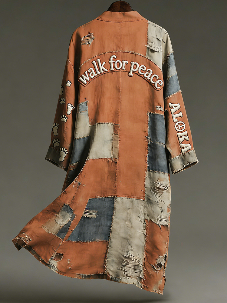 Vintage Peace For Walk Art In Patchwork Print Linen Long Kimono