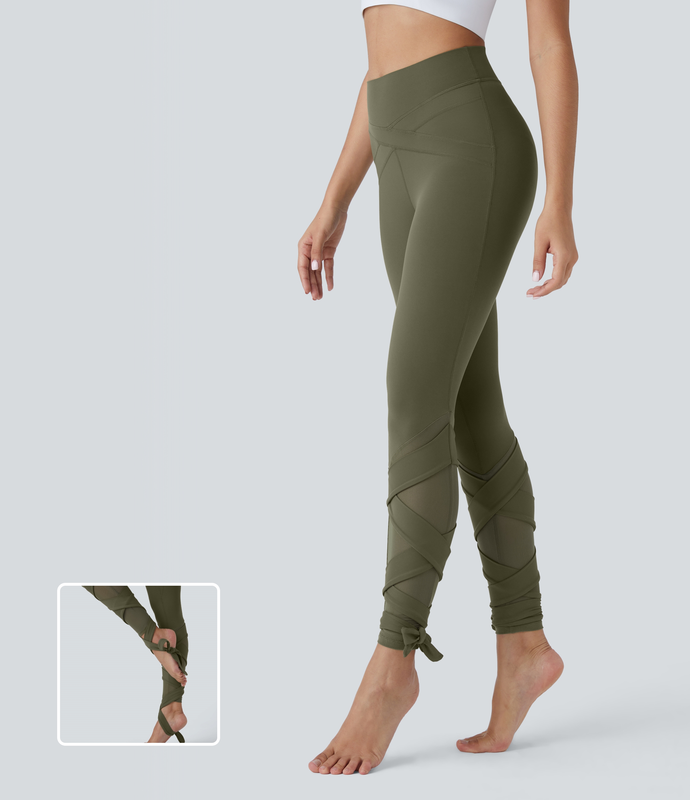 SoftlyZero™ High Waisted Contrast Mesh Lace Up Yoga 7/8 Leggings-UPF50+