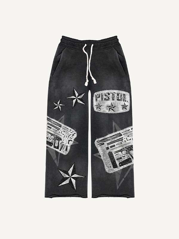 Pistol&Letter Faux Decal Print Elastic Waist Pants