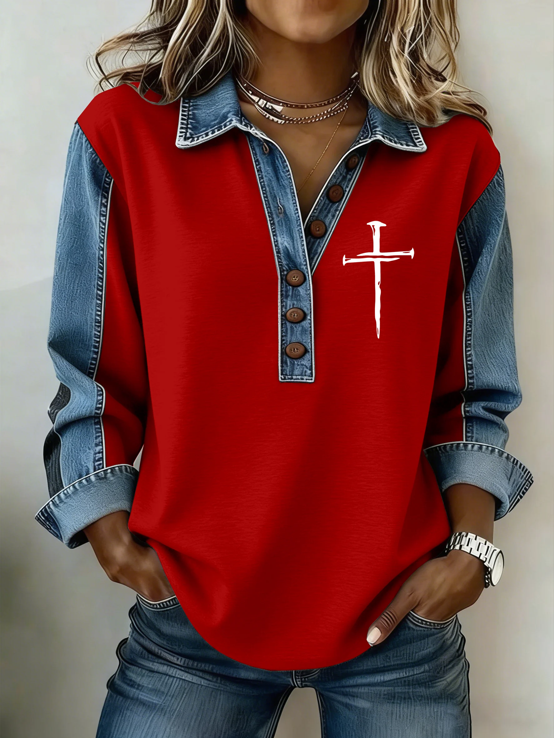 Women's Vintage Faith Cross Inspired Color-Block Design Collared Button-Up Sweatshirt-Fast Shipping