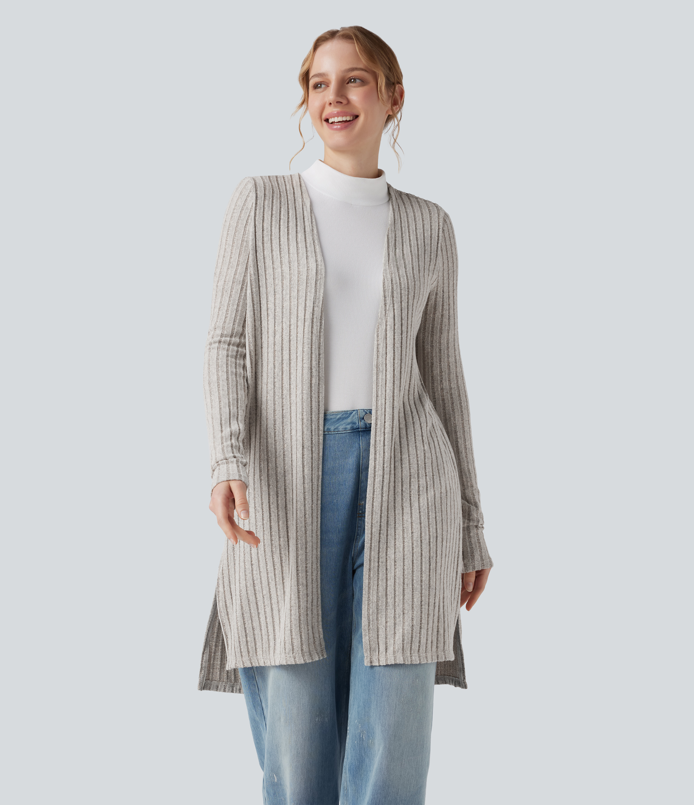 Ribbed Knit Long Sleeve Split Casual Coat