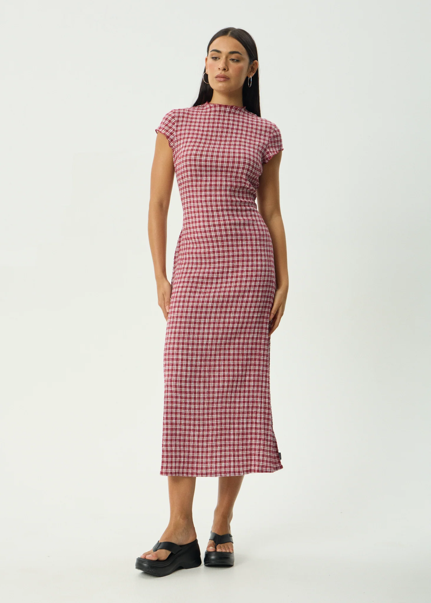 AFENDS Womens Elodie - Seersucker Midi Dress - Burgundy Check