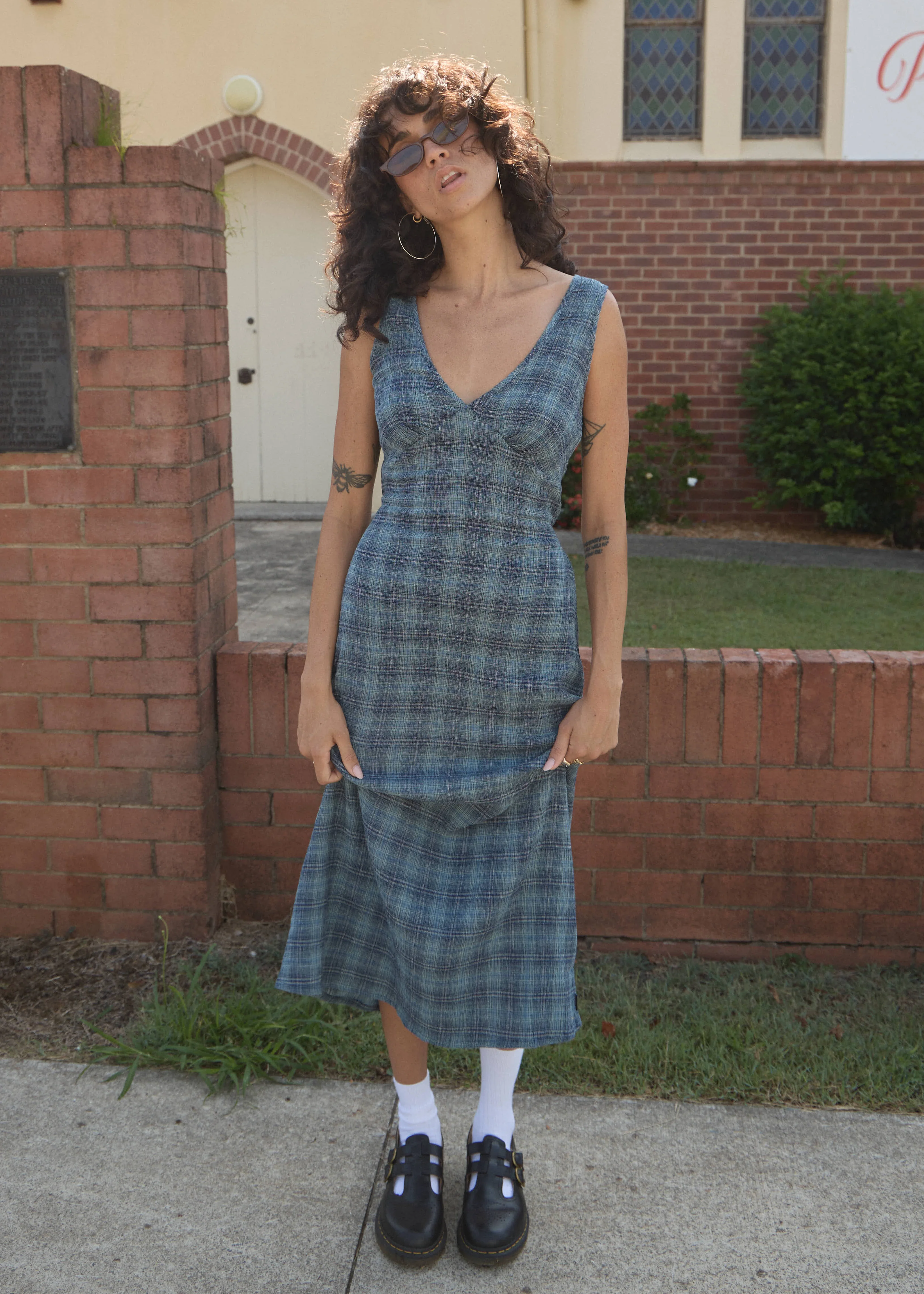 AFENDS Womens Position Tully - Seersucker Check Maxi Dress - Navy Check