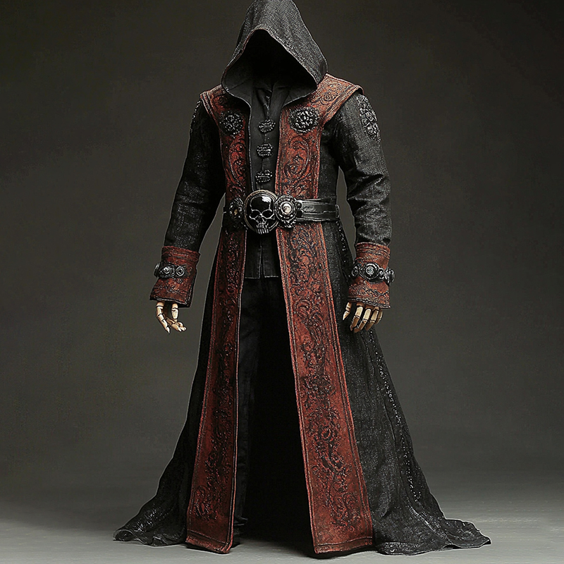 Men's Viking Warrior Color-blocked Skull Studded Hooded Cloak