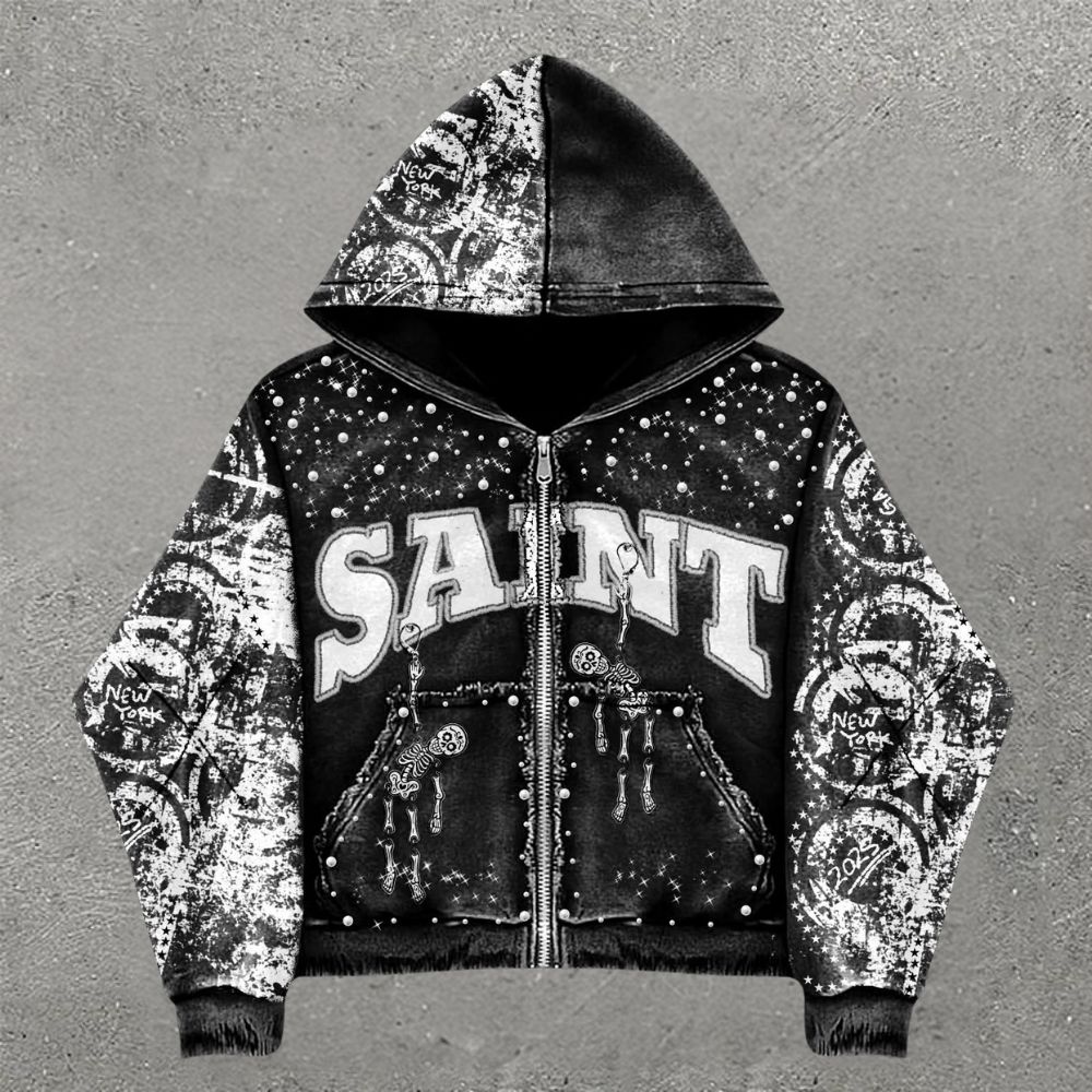 Gothic Rhinestone Loose Zip-Up Hoodie