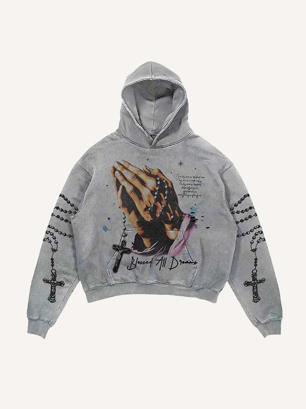 Pray&Palm&Cross&Letter Print Slant Pockets Hoodie