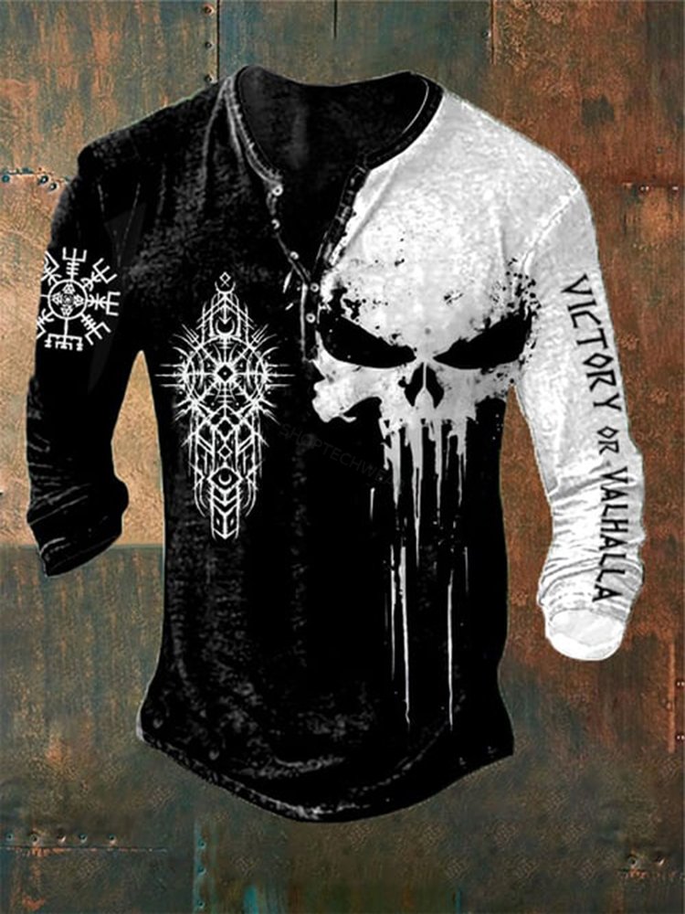 Vintage Viking Graphics Henley Collar Long Sleeves T-Shirt