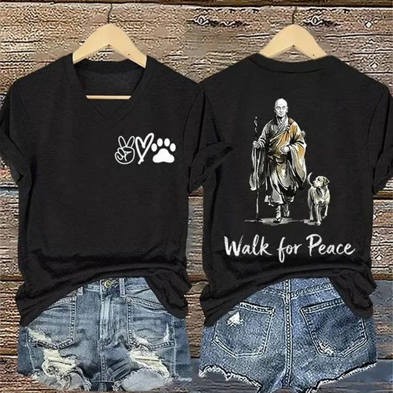 Women's Retro Walk For Peace Monks With Aloka Dog Printed V-neck T-shirt