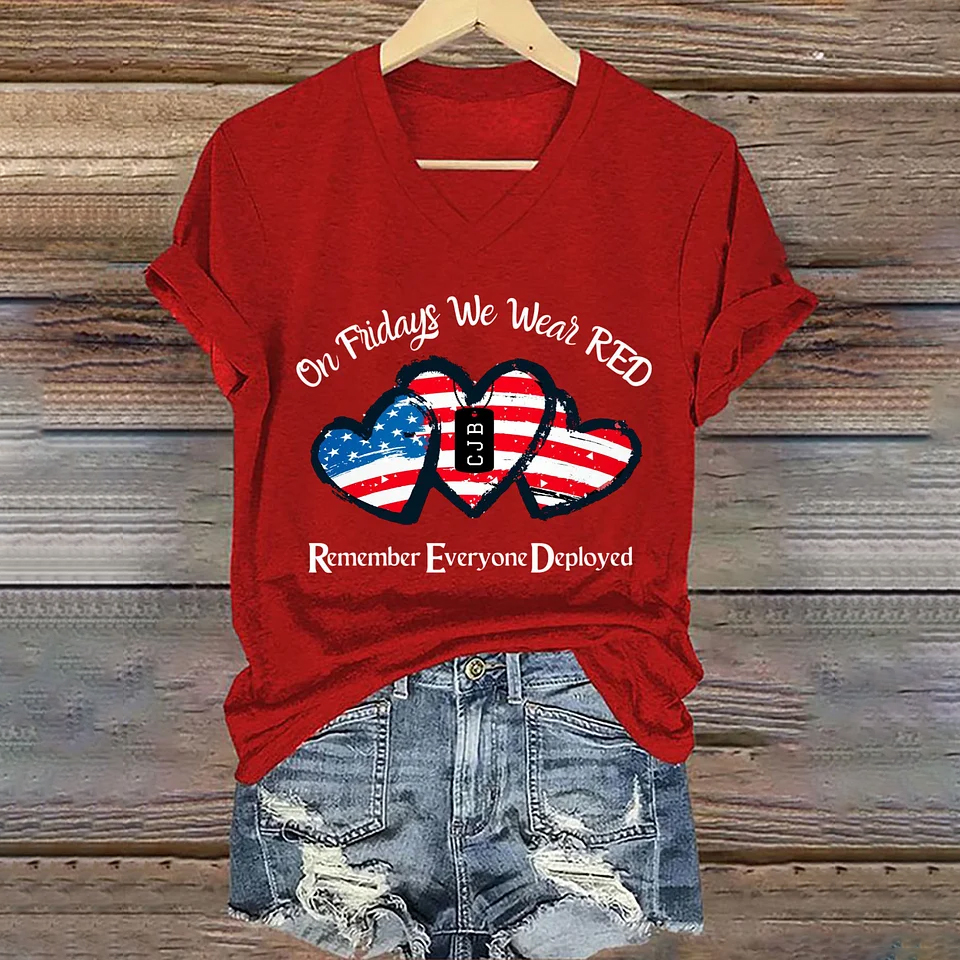 Women's On Fridays We Wear RED Print V Neck T-shirt