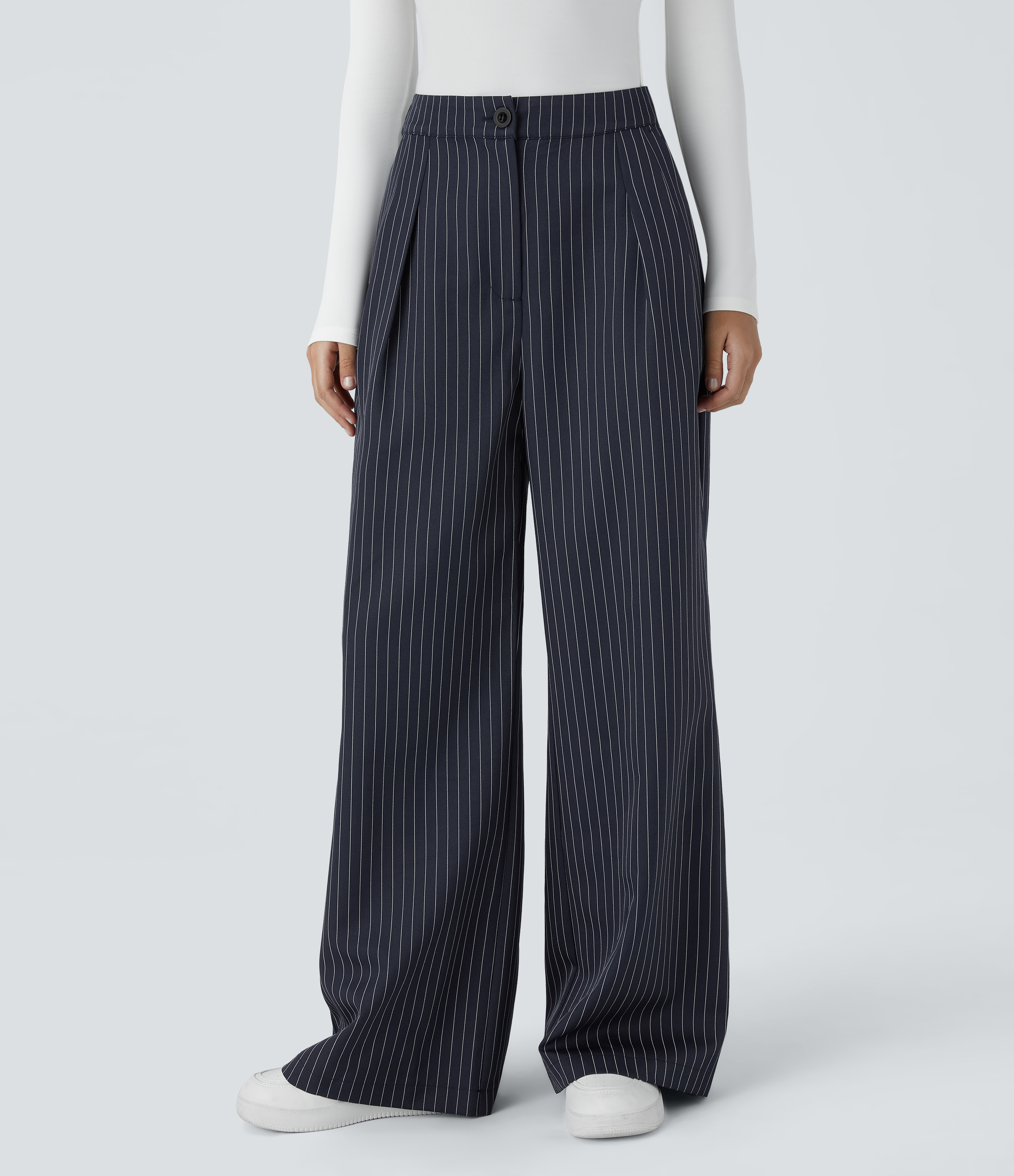 High Waisted Zipper Pocket Wide Leg Striped Work Pants