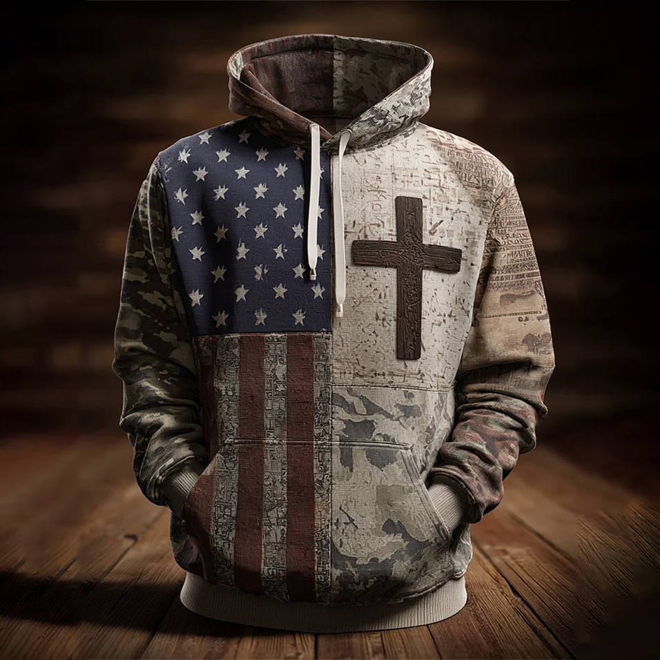 Men's Vintage Casual American Flag Cross Faith Hoodie