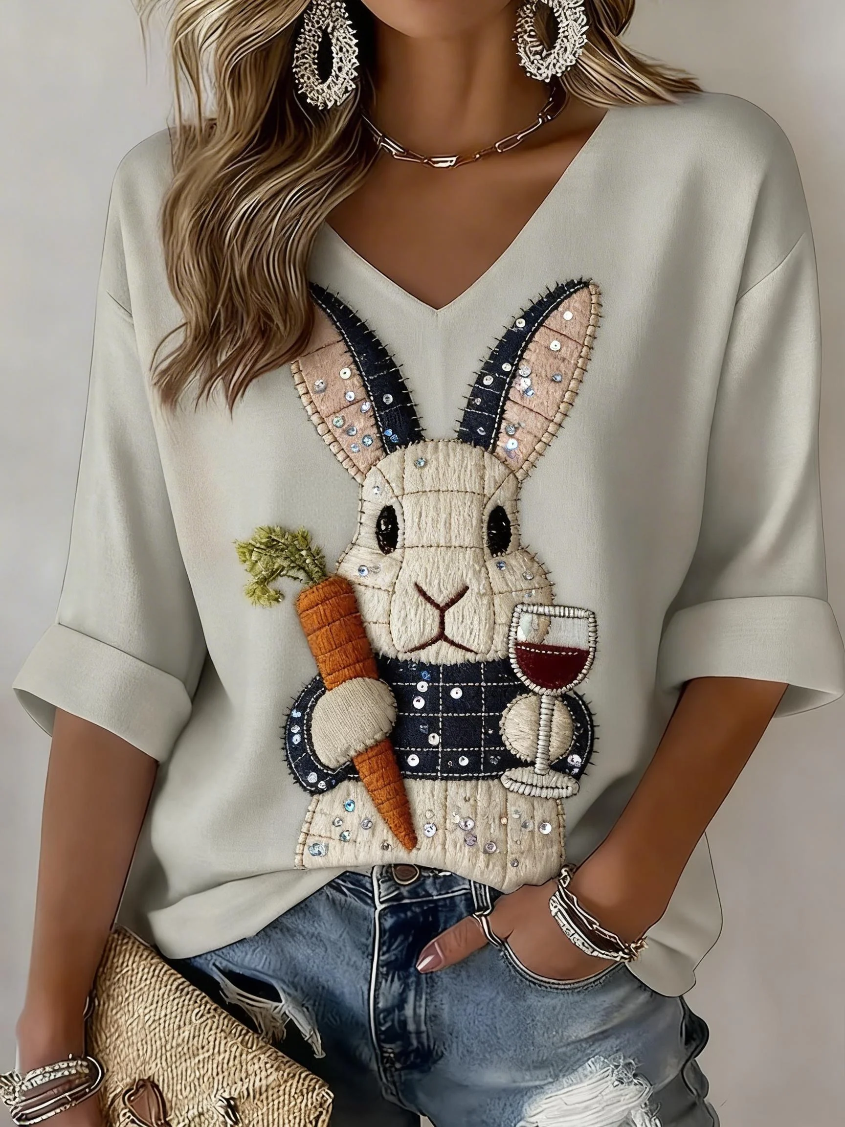 Women's Easter Bunny Print V-Neck Top