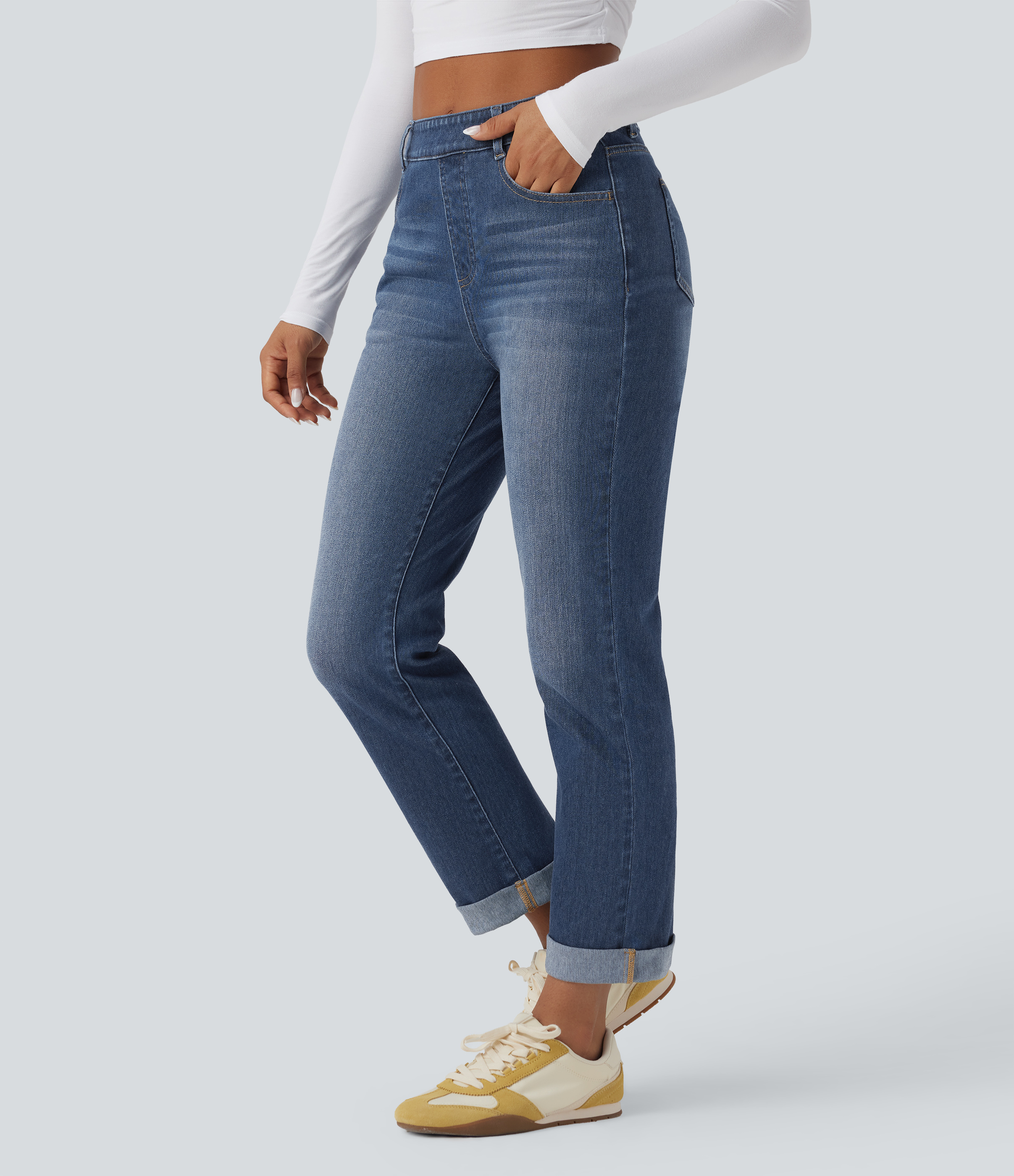 Halara Flex™ High Waisted Rolled Hem Casaul Slim Jeans with Pockets