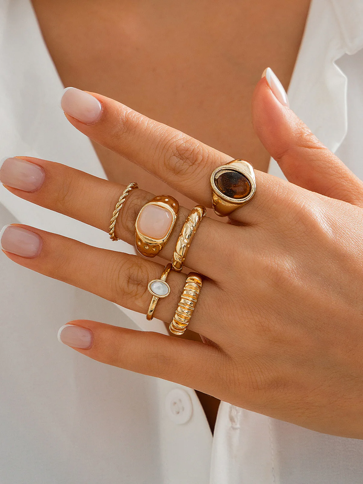 Six-Piece Mixed Stone & Texture Ring Set