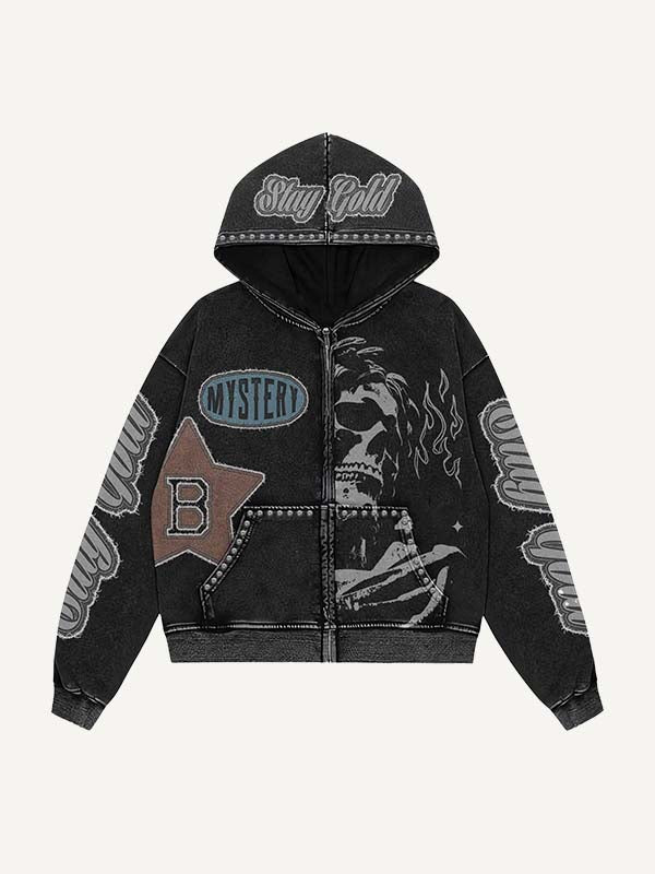 Skeleton&Star&Letter Faux Decal Print Zip Up Hooded Coat