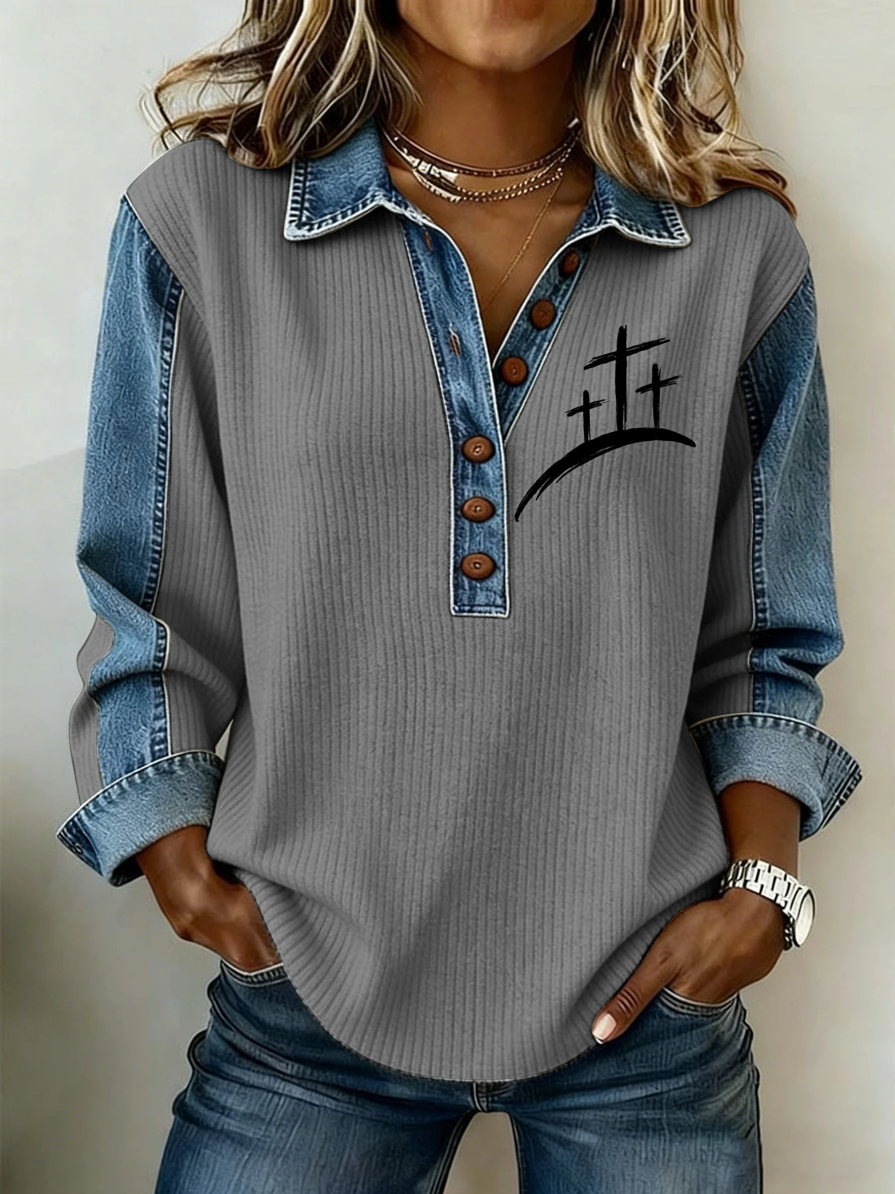 Women's Faith Printed Collar Button-Down Knit Top-Fast Shipping