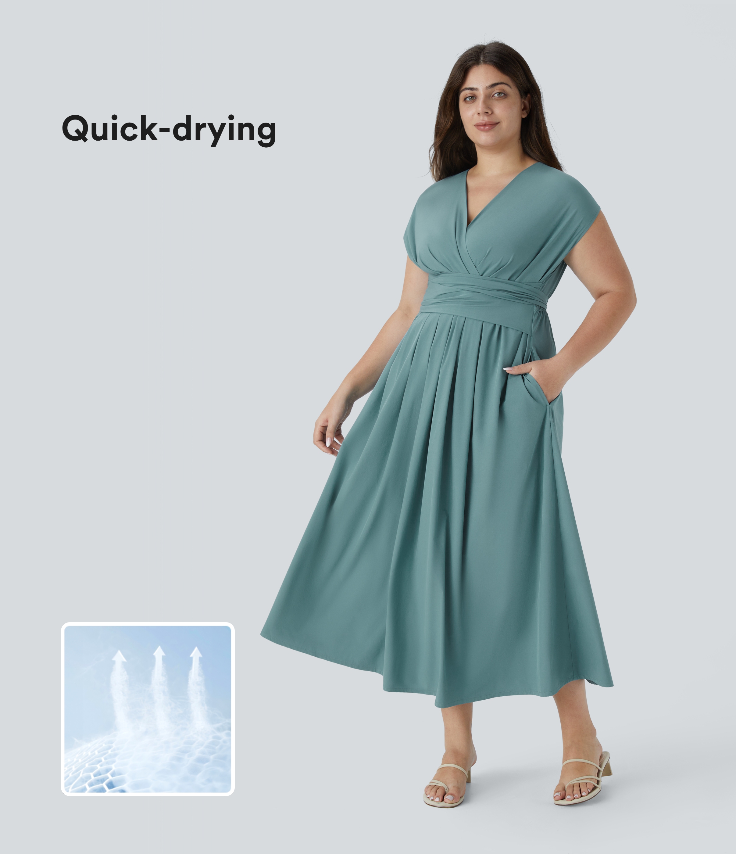 Breezeful™ V Neck Short Sleeve Pocket Tie Back Quick Dry Midi Casual Plus Size Dress