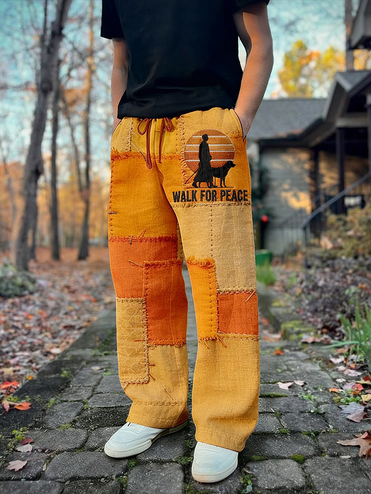 Men's Walk For Peace Monks With Aloka Dog Patchwork Linen Pants