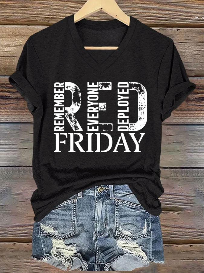 Women's On Fridays We Wear RED Remember Everyone Deployed Print V Neck T-shirt