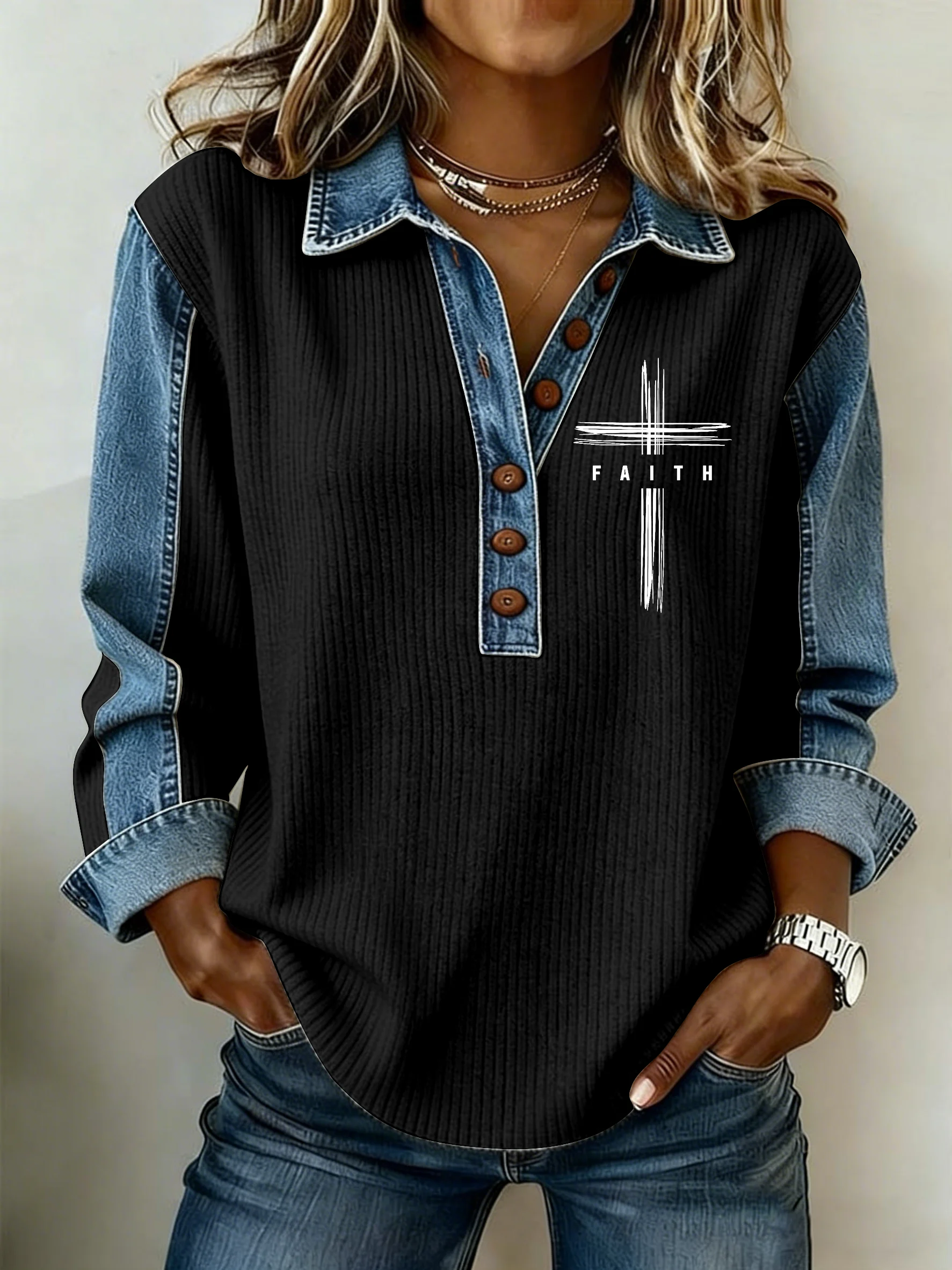 Women's Faith Printed Collar Button-Down Knit Top-Fast Shipping